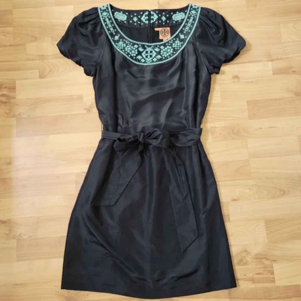 Tory Burch Lottie Black Silk Embroidered Belted Shift Dress 6